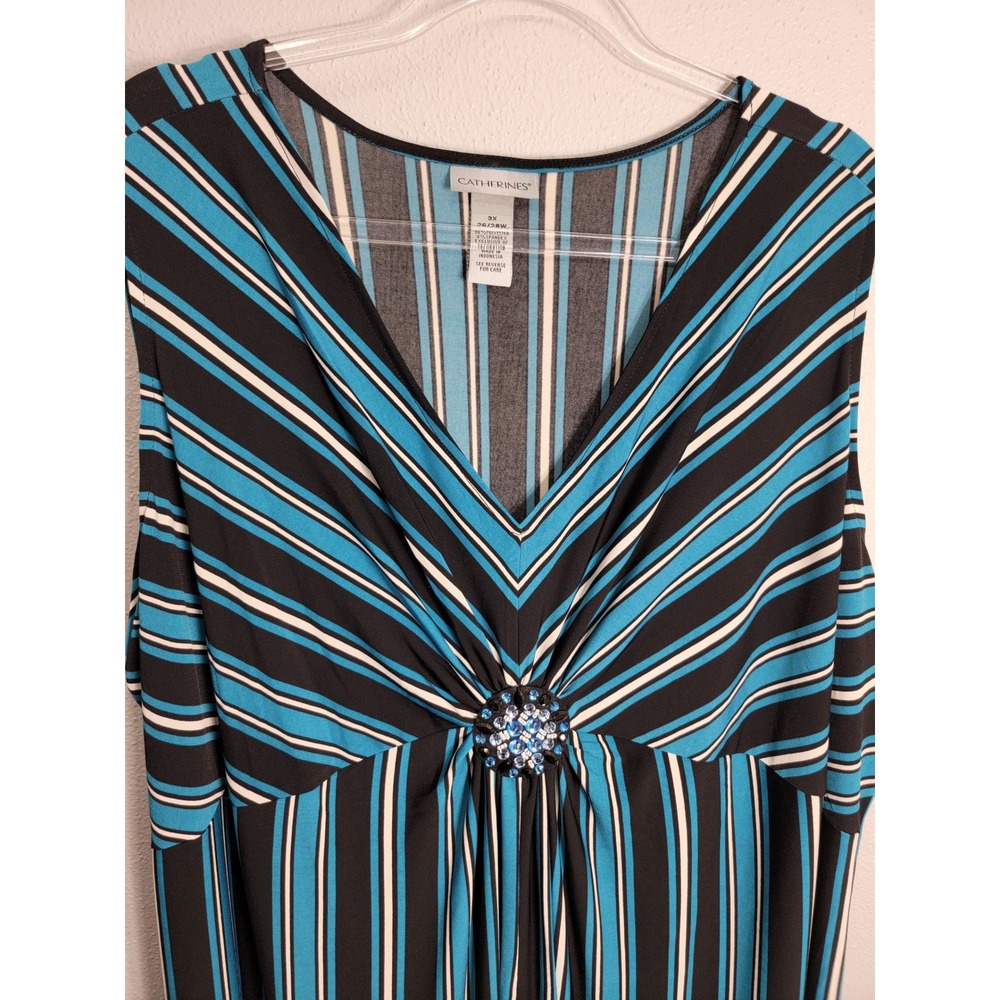 Catherines Womens 3X Dress Blue Black Striped Beaded Medallion Sleeveless V-Neck - Picture 2 of 7